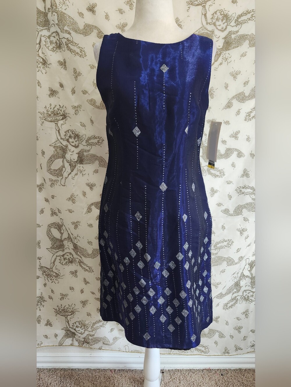 Vintage 90s Y2k Midnight Blue Silver Diamond Glitter Accent Celestial Dress Sz 6